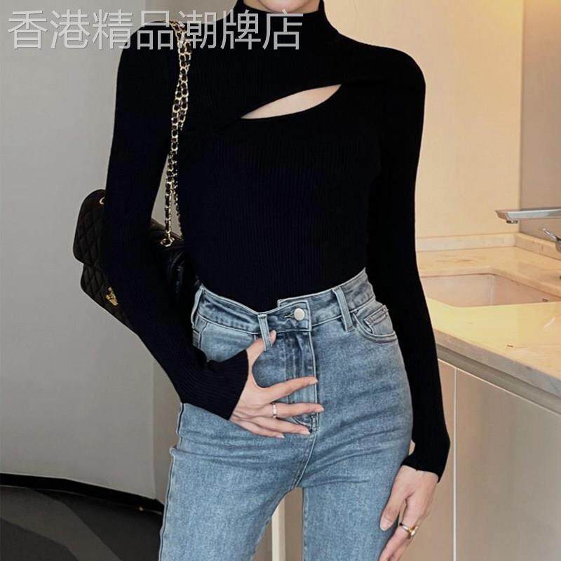 黑色针织打底衫女秋冬内搭修身显瘦百搭加绒长袖中领镂空毛衣上衣