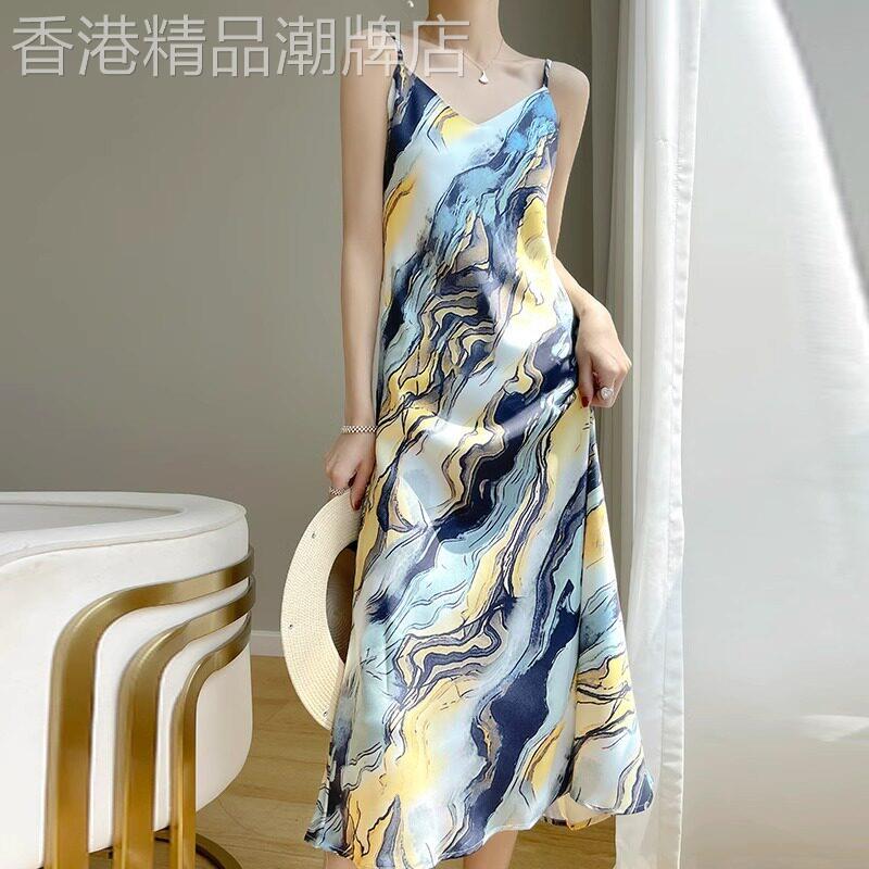 潮牌法式蓝色油画长裙沙滩裙碎花吊带洋装女夏季新款高级感裙子
