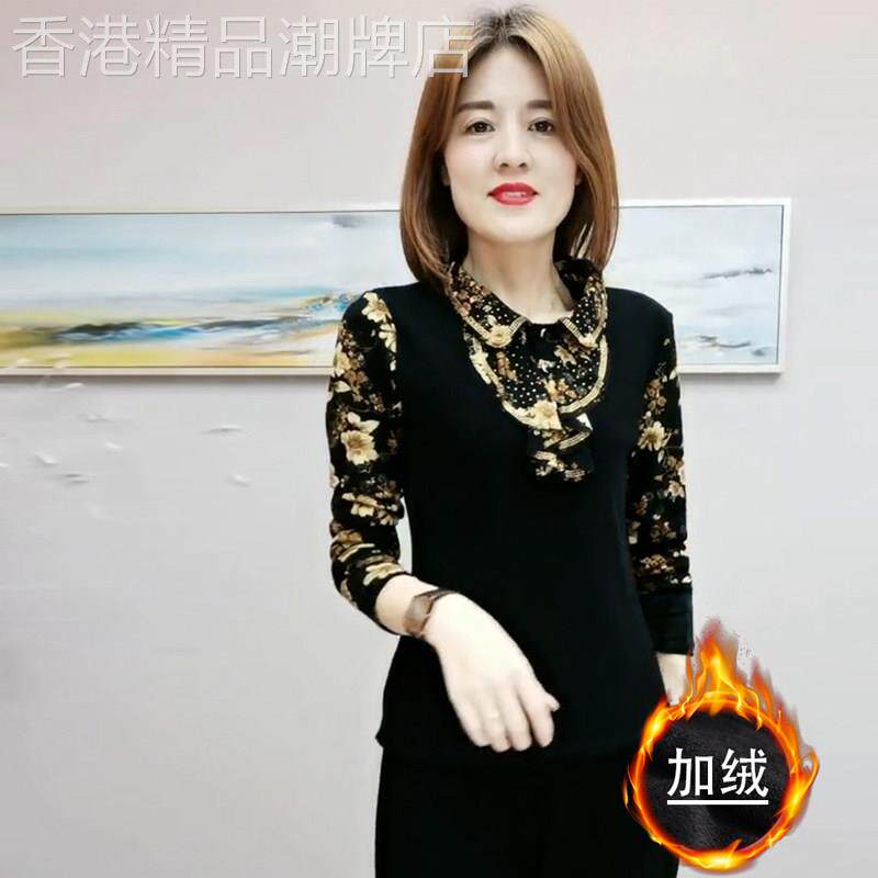 妈妈装飘带波点加绒打底衫女春秋季新款时尚加厚保暖长袖小衫上衣