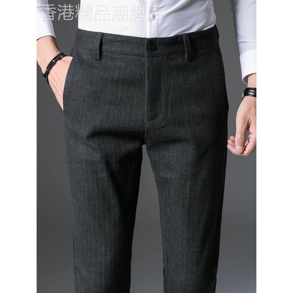 秋冬高端商务毛呢西裤男士修身直筒磨毛抓绒新款职业条纹休闲裤子