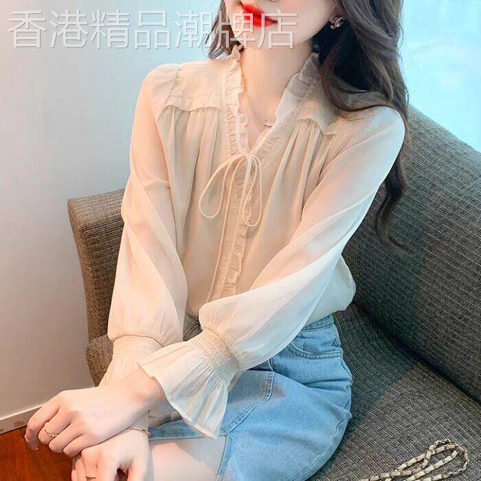 长袖雪纺衬衫女2026新款春秋季法式荷叶边V领设计感小众气质上衣