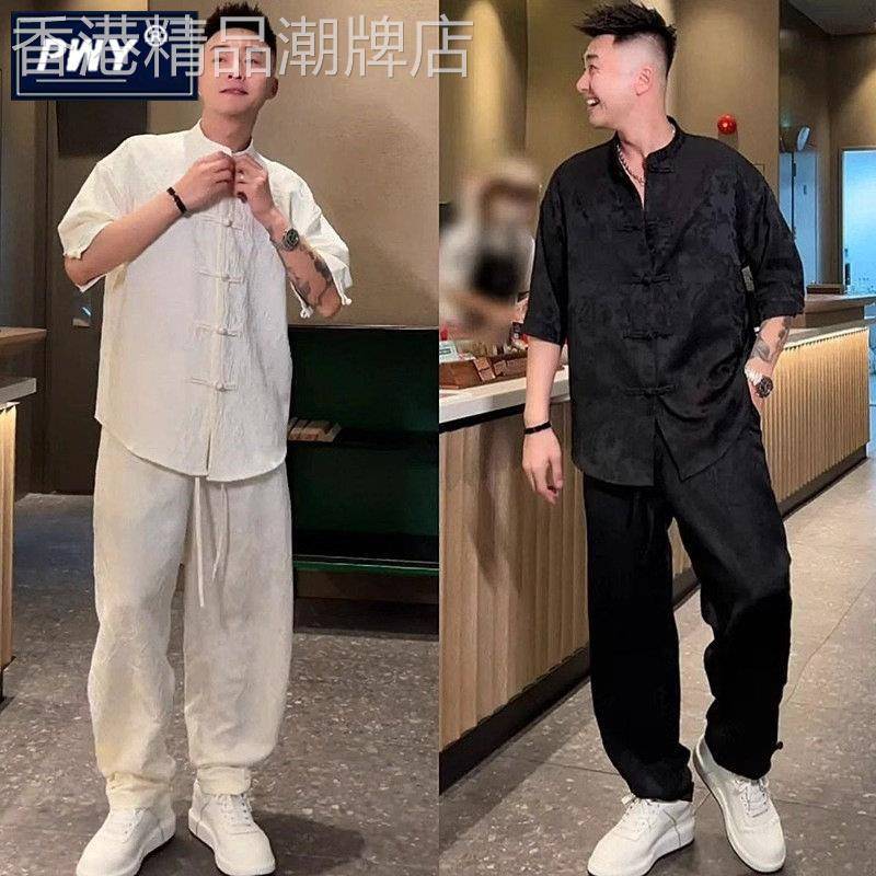 潮牌新中式休闲套装男士夏季国风盘扣立领短袖衬衫长裤搭配两件套