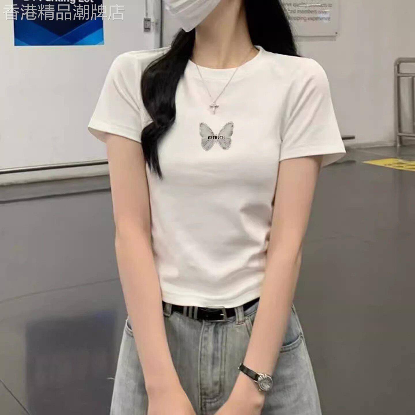 短款小个子白色正肩短袖t恤女2026夏季新款蝴蝶修身上衣韩版T恤