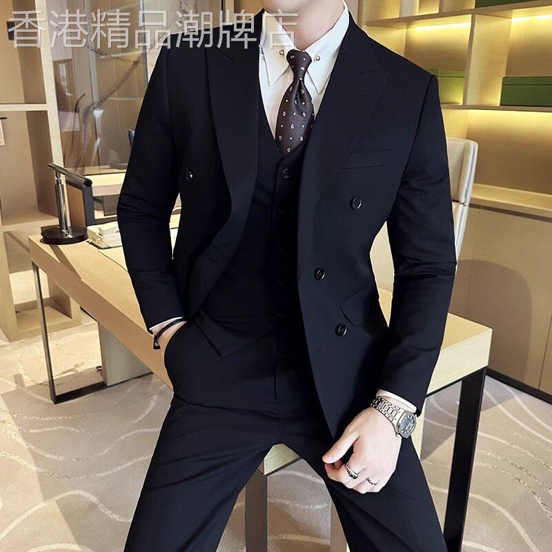 UASK双排扣西装套装男结婚新郎高端商务休闲男士双开叉西服三件套