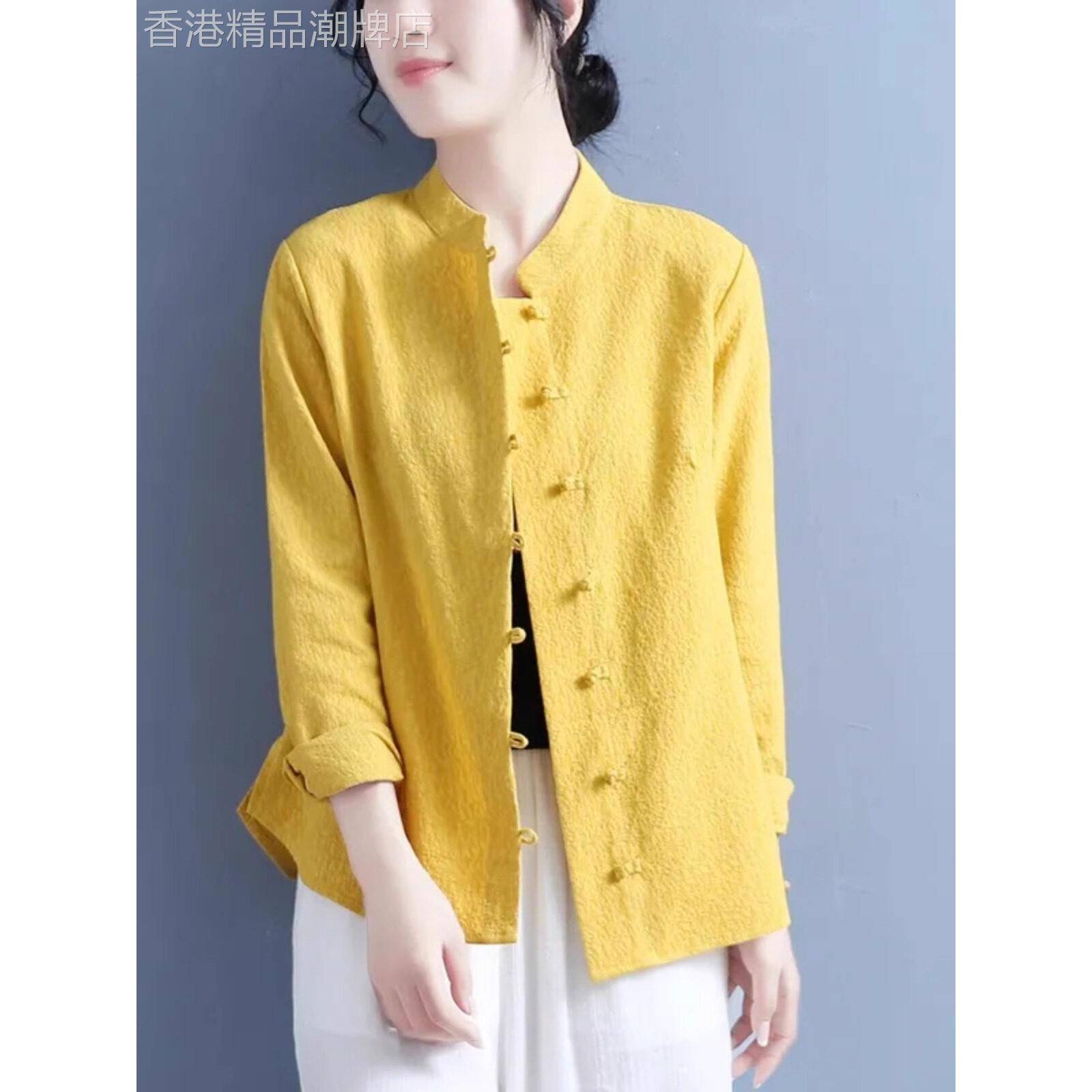 棉麻衬衫女春秋2025新款气质宽松文艺覆古新中式立领盘扣提花上衣