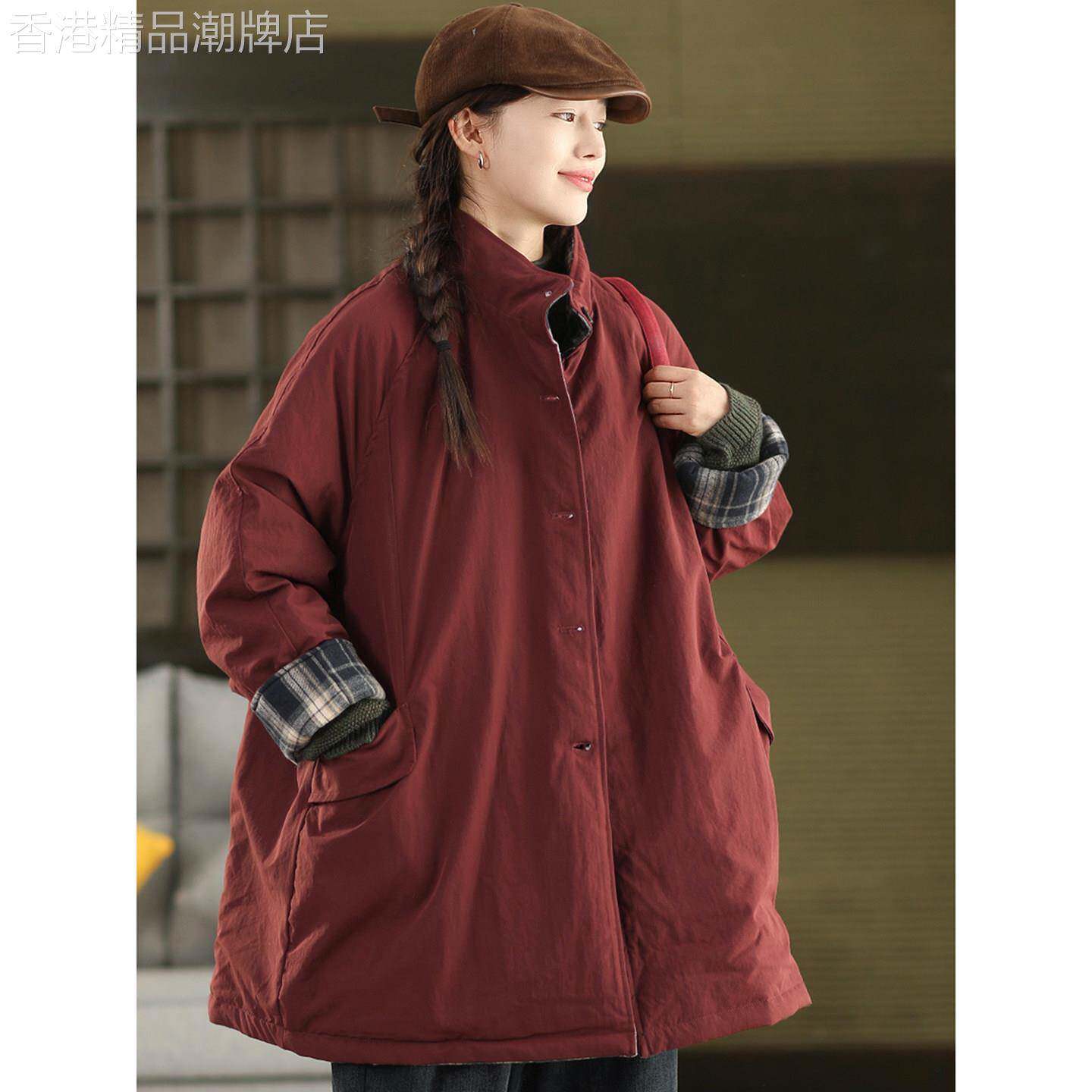 复古中长款两面穿棉衣女秋冬季2025年新款磨毛格纹棉服加厚外套女
