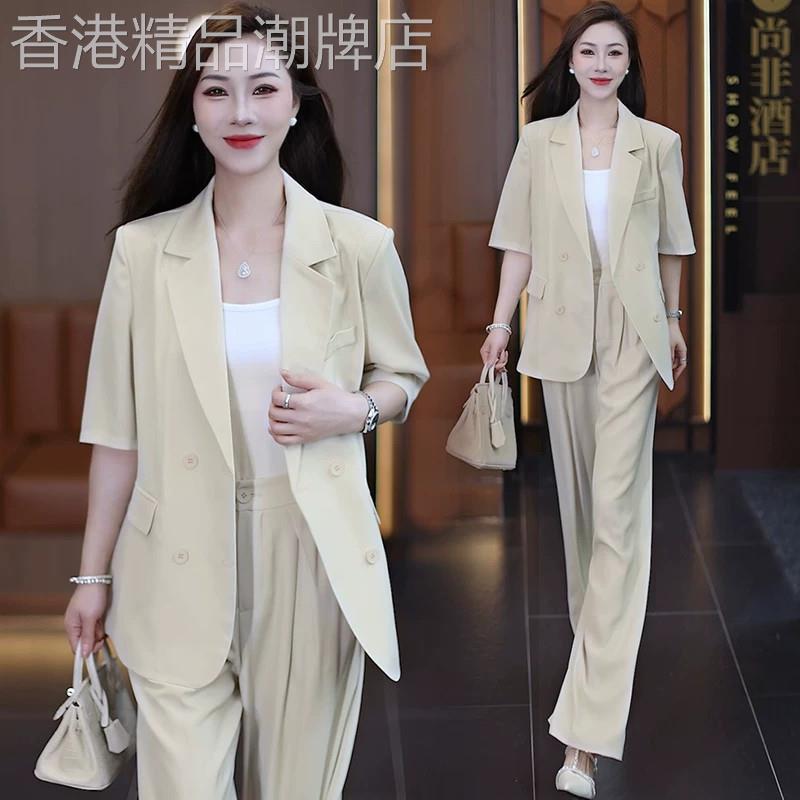 香港代购时尚西装套装女夏季新款显瘦薄款短袖西服休闲裤子两件套