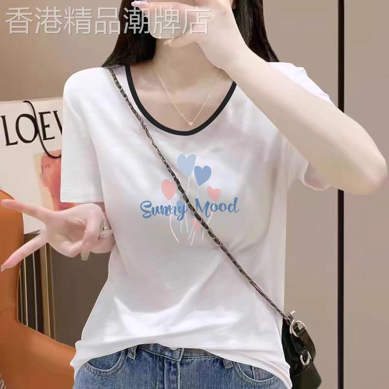 欧洲站2026年新款夏装纯棉撞色V领T恤女短袖小衫白色宽松显瘦上衣