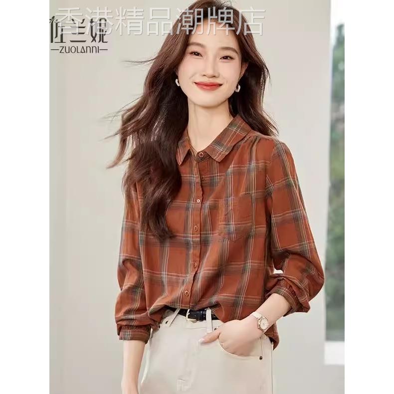 香港TIMO覆古格子双层棉宽松衬衫女秋季休闲减龄叠穿衬衣长袖上衣