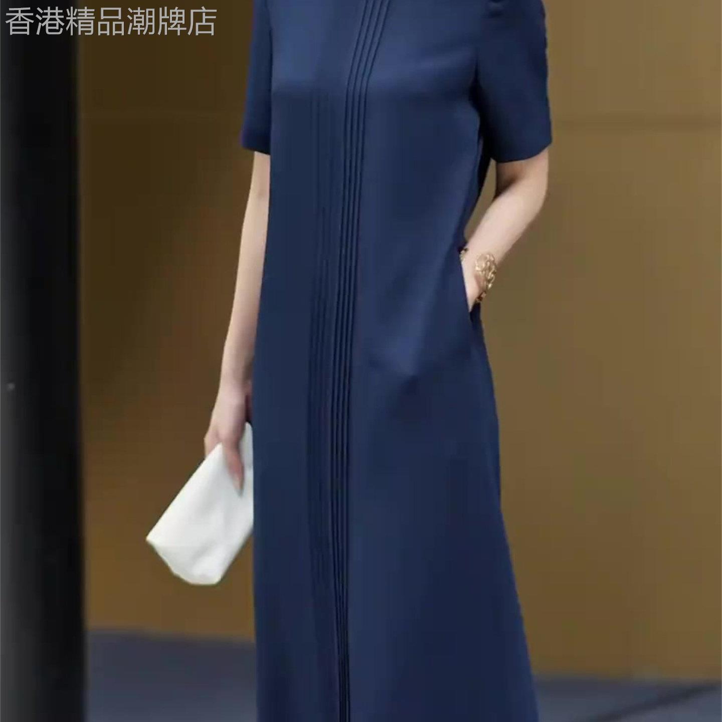 时尚圆领慵懒宽松显瘦深蓝色短袖洋装女2026夏季新款A型中长裙