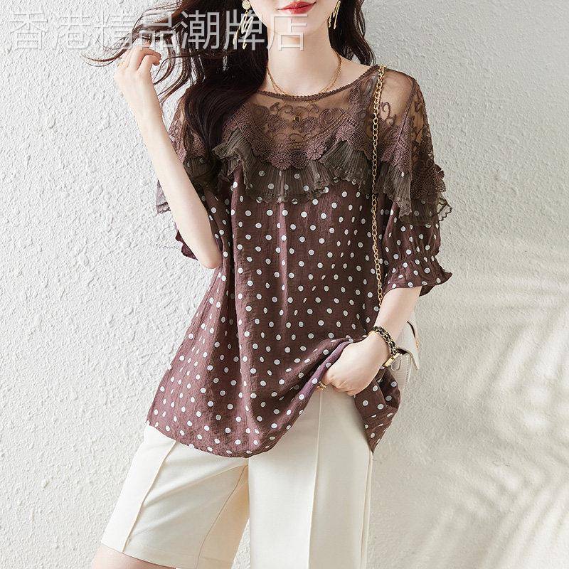 波点短袖雪纺衫女夏季薄款2026新款设计感蕾丝拼接宽松显瘦上衣女