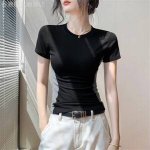简珀莱赛尔冰丝短袖T恤女夏季新款拼色圆领正肩修身显瘦小众上衣