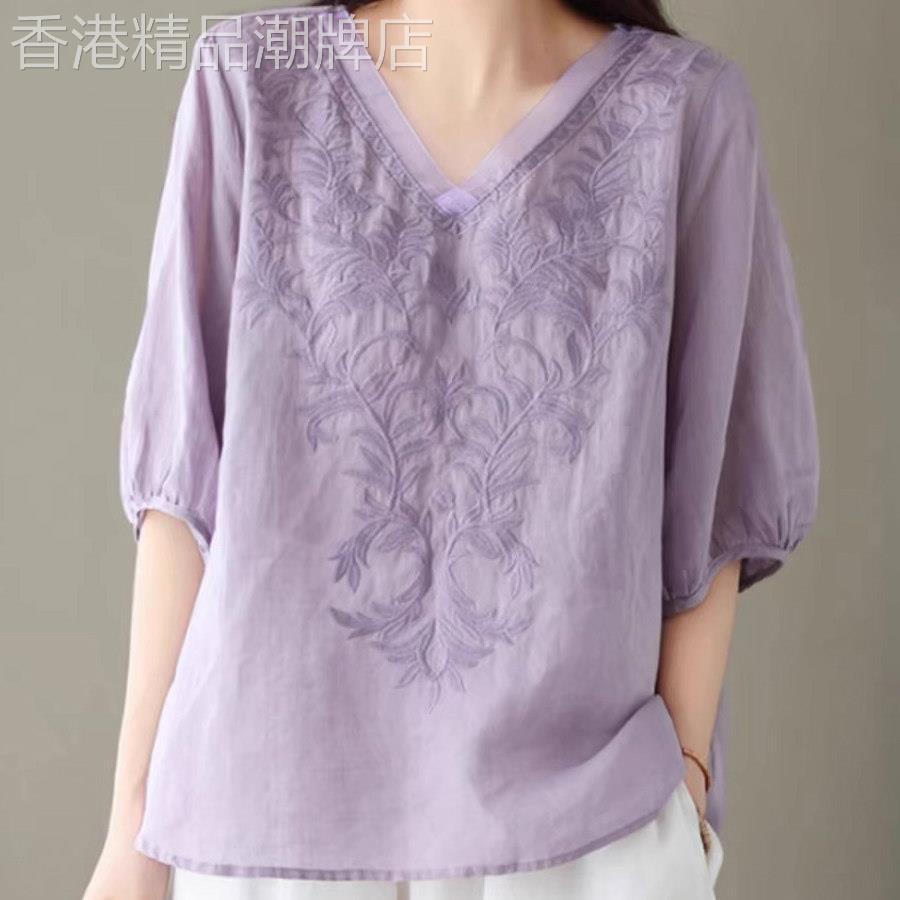 苎麻衬衫女短袖夏季薄款2026新款宽松大码显瘦休闲v领半袖t恤上衣