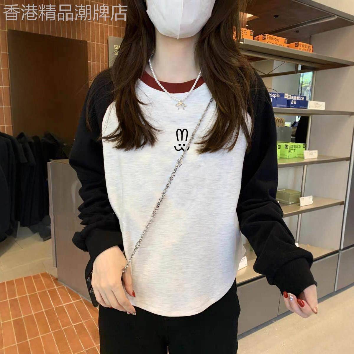 韩版插色正肩长袖T恤女生小众设计感宽松U型下摆时尚百搭大尺码上