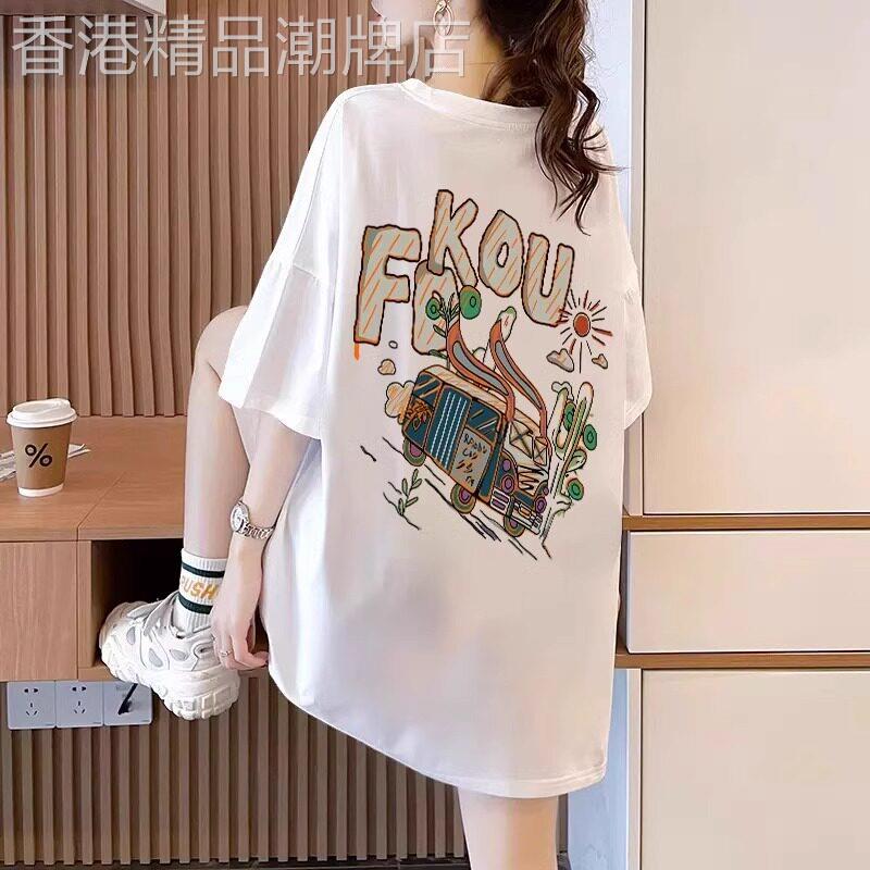 中长版涂鸦大尺码女装夏季2026新款韩版印花短袖T恤女宽松遮肚纯