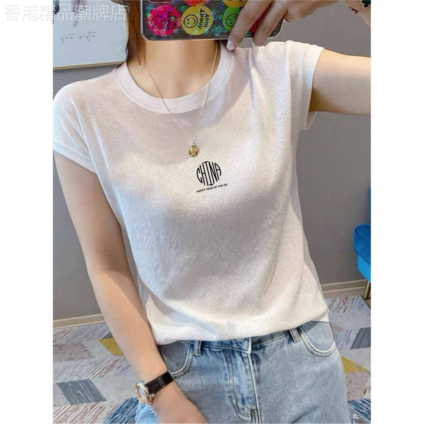 白色雪花棉短袖t恤女夏季薄款时尚印花T恤衫休闲百搭显瘦上衣潮