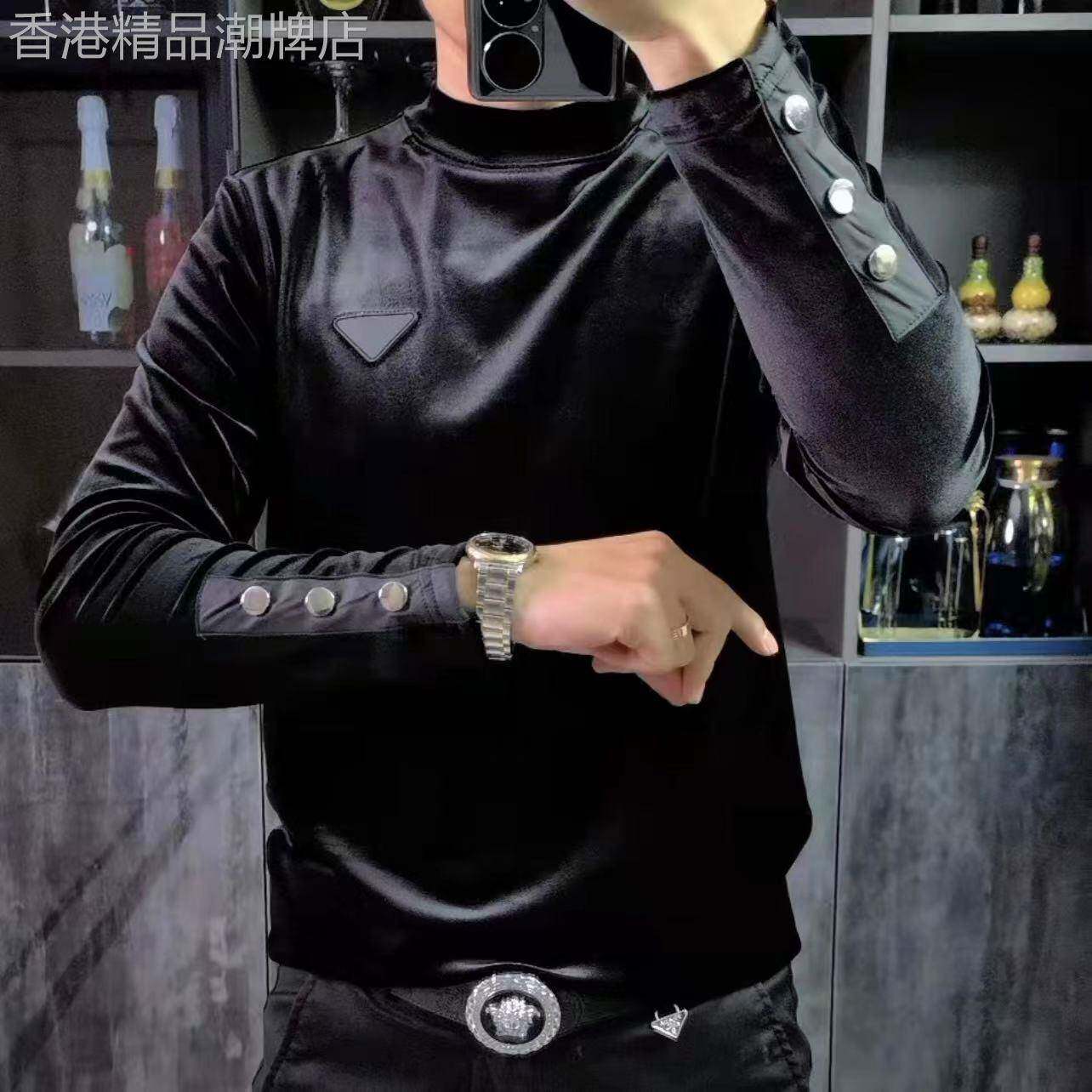 春秋季男士轻奢商务休闲长袖半高领打底衫精品金丝绒百搭时尚体恤