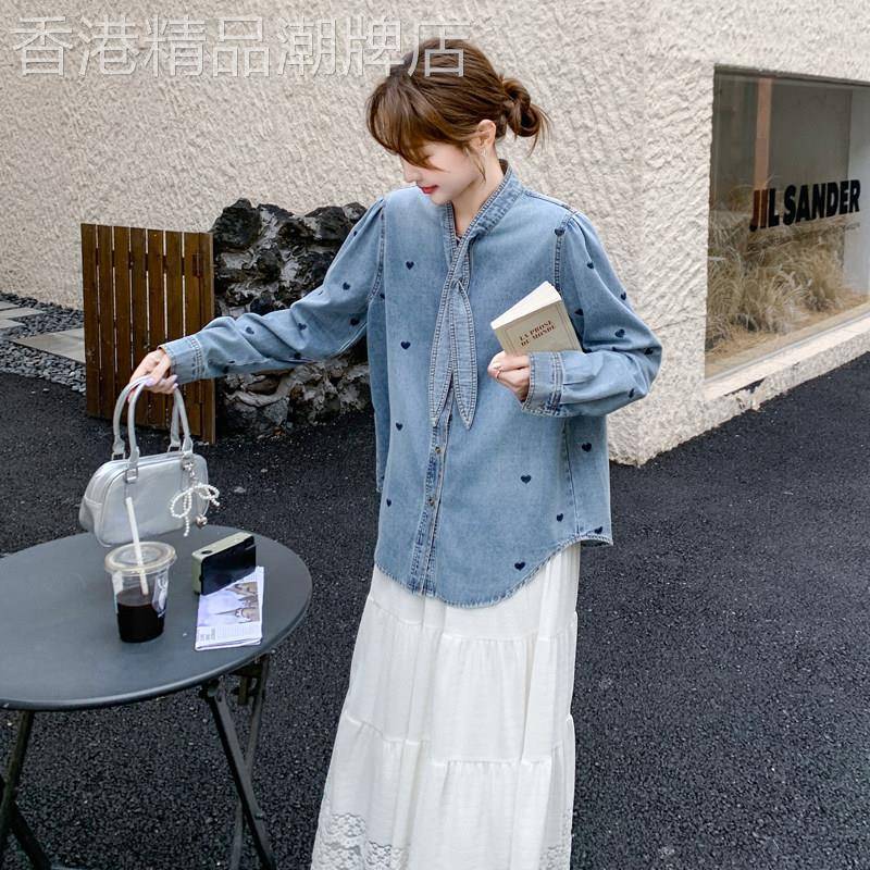 设计感爱心刺绣牛仔衬衫外套女2026秋季新款韩系复古减龄宽松上衣