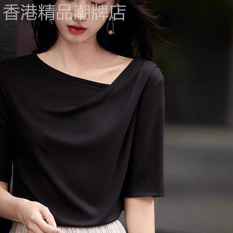 设计感不规则斜领雪纺上衣2026夏季短袖正肩宽松显瘦褶皱通勤上衣