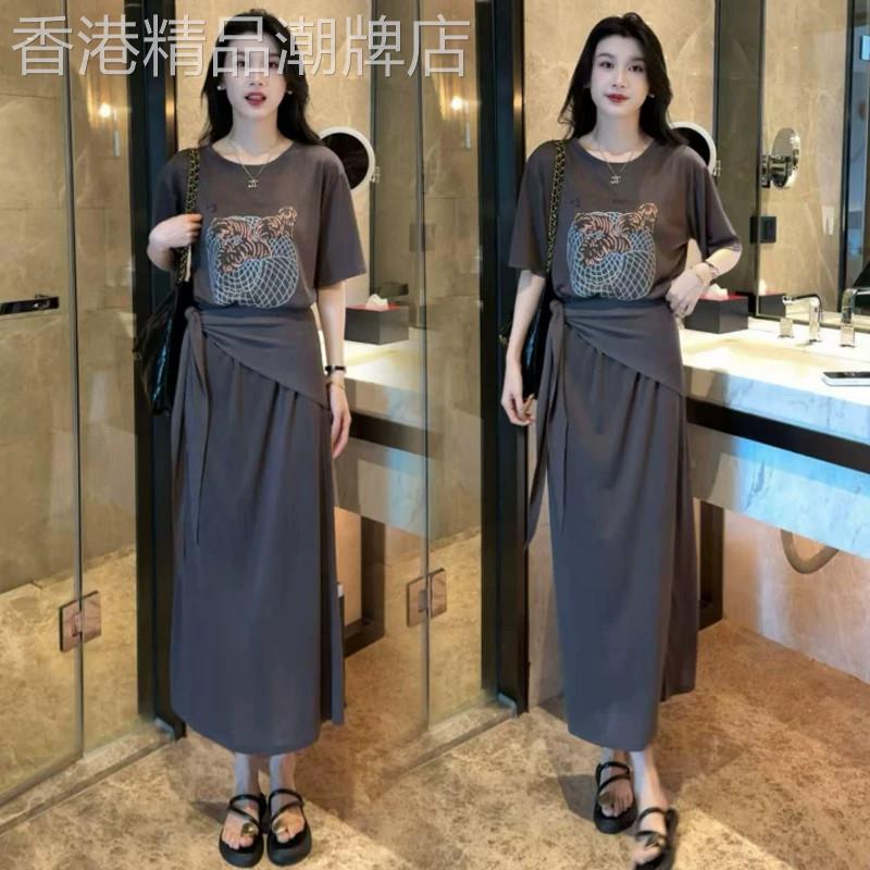 香港代购时尚休闲套装裙女夏季新款显瘦印花短袖披肩半身裙两件套