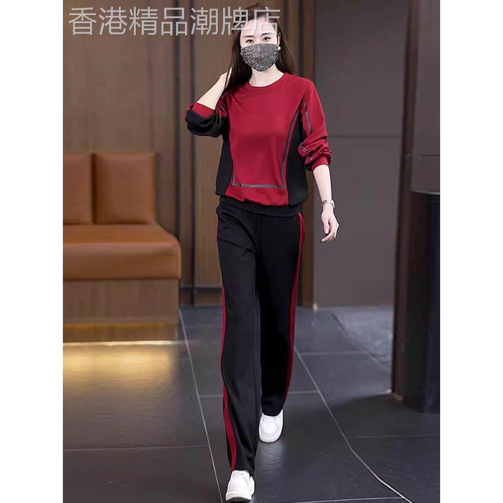 休闲拼色卫衣时尚套装女春秋装新款洋气减龄运动上衣阔腿裤两件套