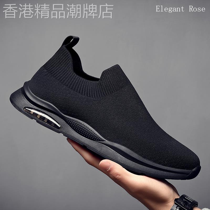 ELEGANT ROSE 男鞋纯黑一脚蹬透气帆布鞋新款懒人鞋软底飞织网鞋