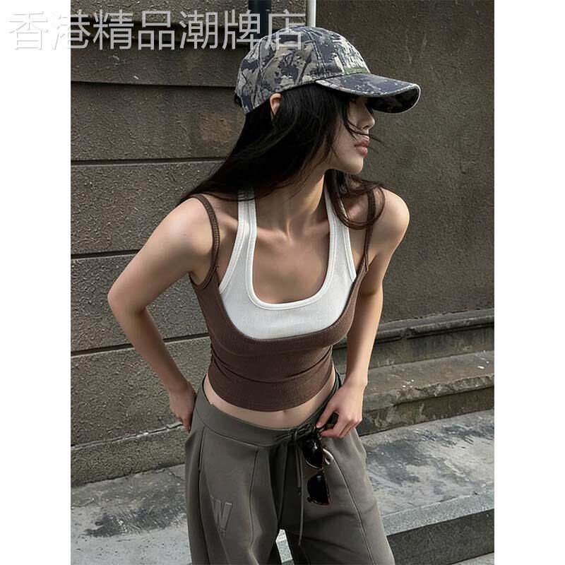 咖色拼接假两件挂颈吊带背心女夏季欧货美式辣妹修身显瘦撞色上衣