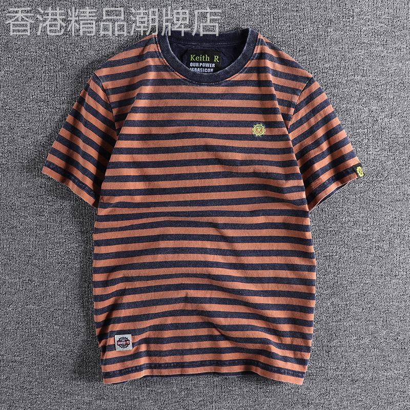 代购香港潮男夏季复古条纹纯棉男士短袖T恤拼接领口青年休闲上衣
