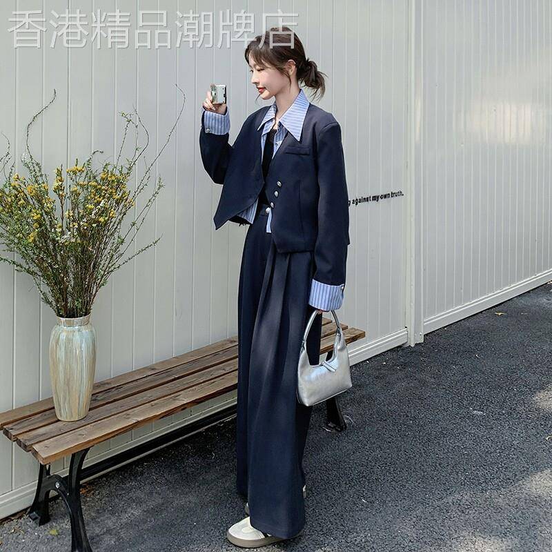 2026初春搭配一整套又a又飒西装套装女条纹拼接西服阔腿裤两件套