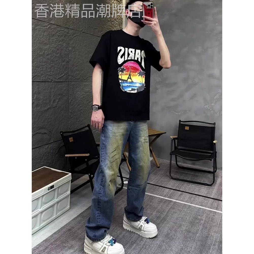 黑色短袖T恤男士夏季美式潮牌个性印花重磅纯棉休闲百搭半袖上衣