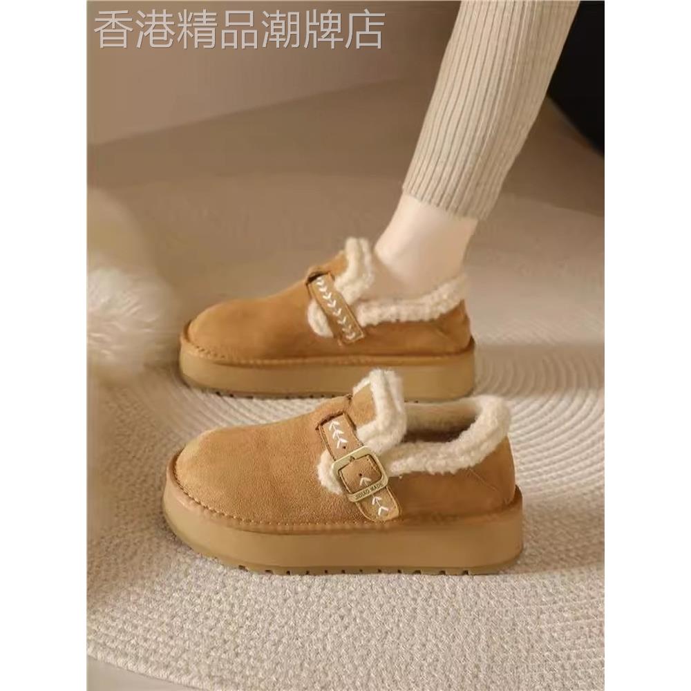 香港绒面厚底防滑加绒勃肯鞋秋冬新款加厚保暖全包博肯毛毛棉鞋子