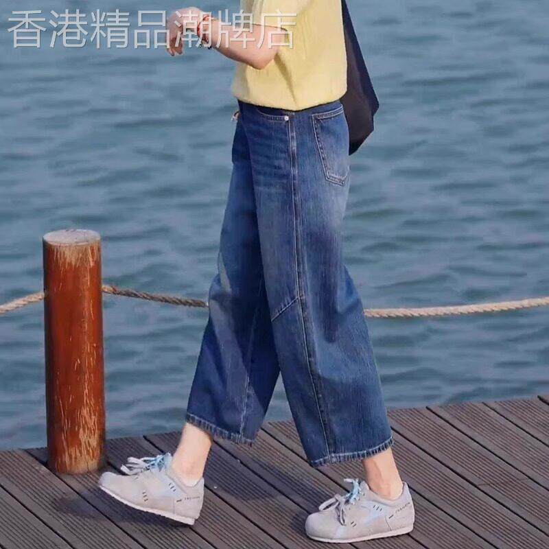 蓝色海洋大尺寸紧身直筒牛仔裤女士2025夏季宽松梨形身材容易瘦配