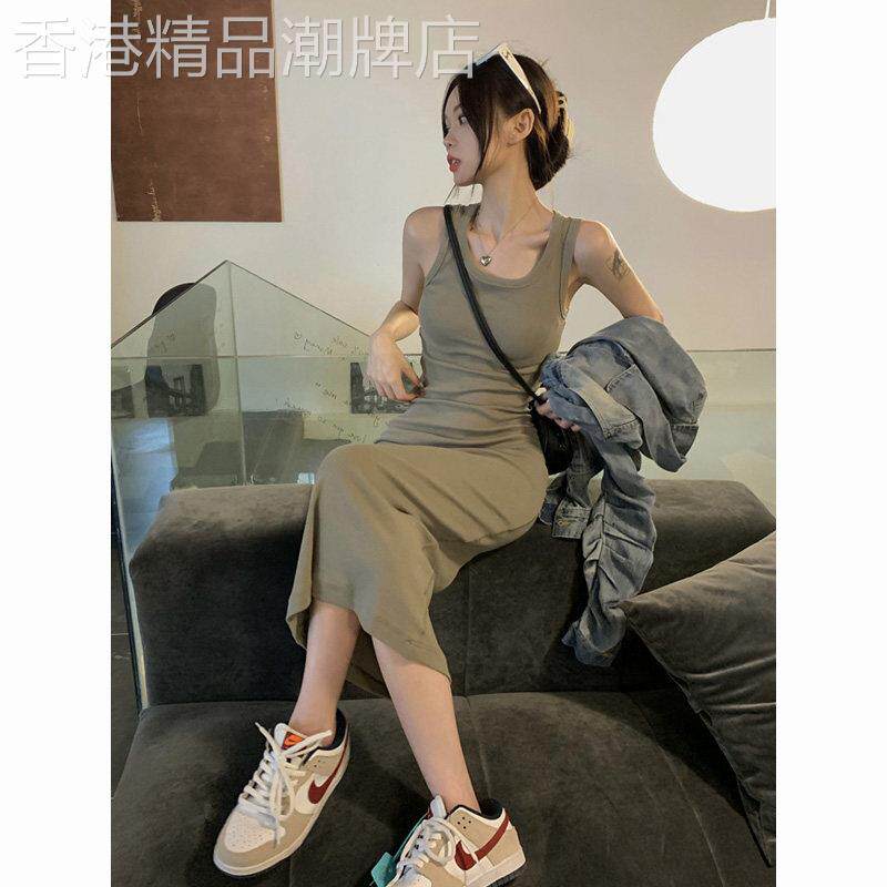 辣妹背心吊带连衣裙女夏季收腰修身显瘦长款过膝包臀裙无袖t恤裙
