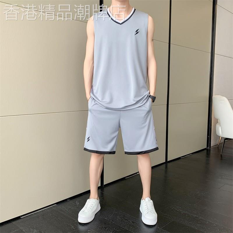 夏款运动服套装男冰丝无袖背心篮球服休闲时尚短袖短裤两件套