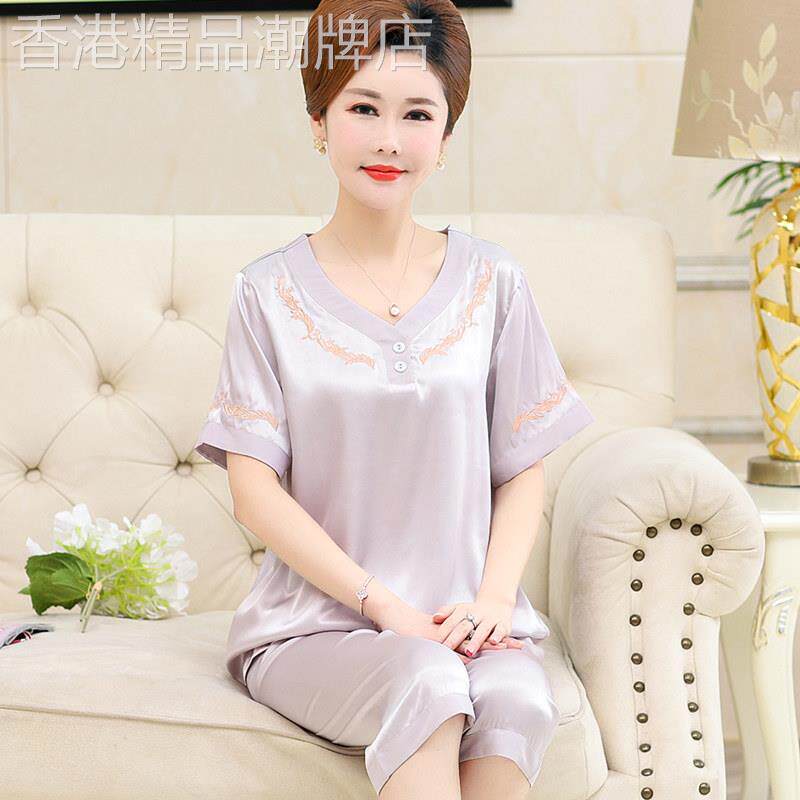 中年妈妈冰丝套装薄款夏季中老年人妇女真时尚短袖睡衣女士家居服