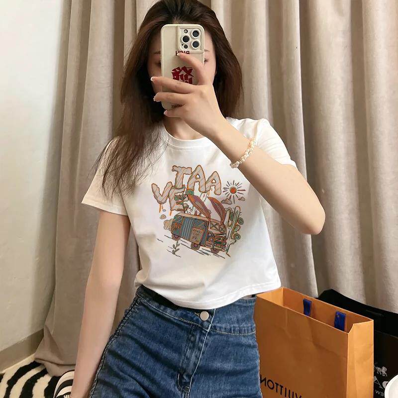 正肩白色t恤短袖女2025新款宽松纯棉小众独特设计感短款上衣ins潮