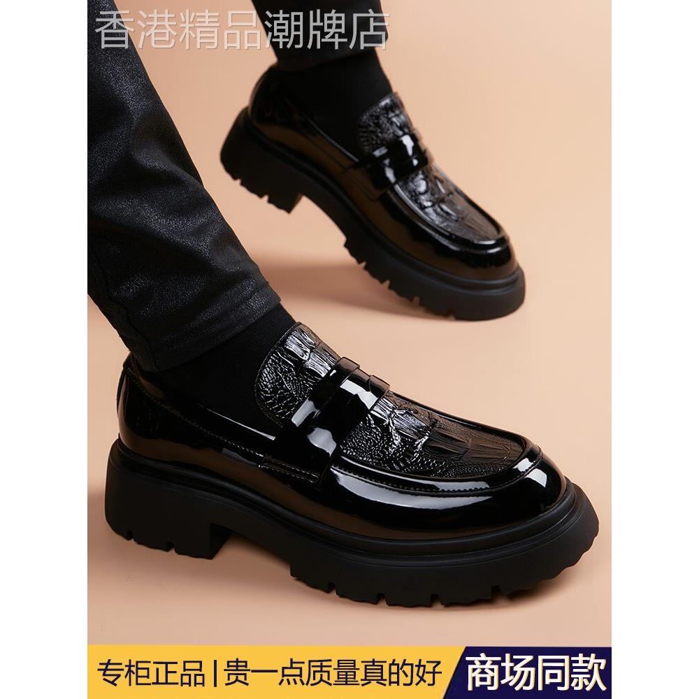 高端正品皮鞋男真皮一脚蹬厚底青年英伦透气内增高套脚牛皮男鞋子