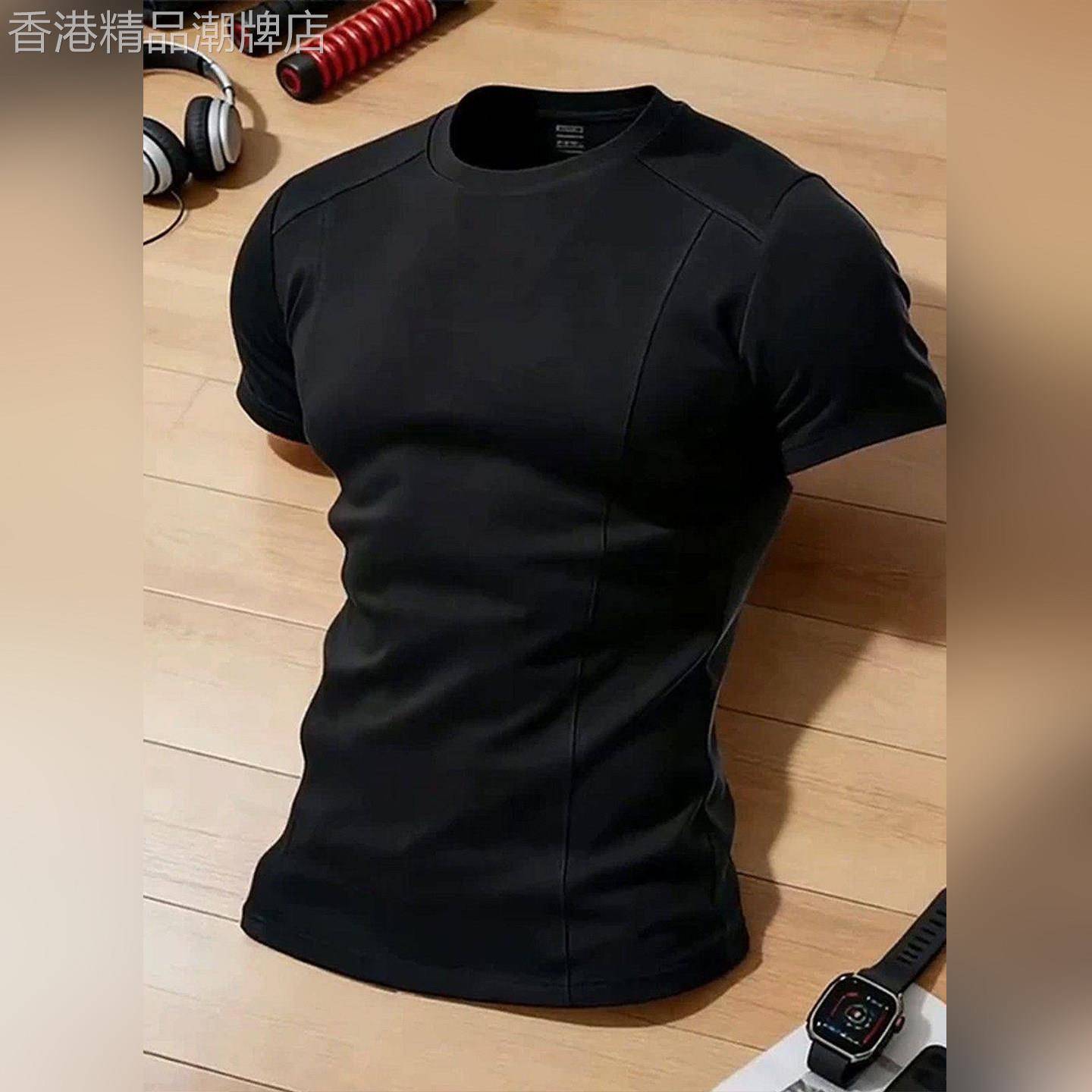 GP极简~黑色slimfit健身短袖男款夏季修身运动短宽版型半截袖T恤