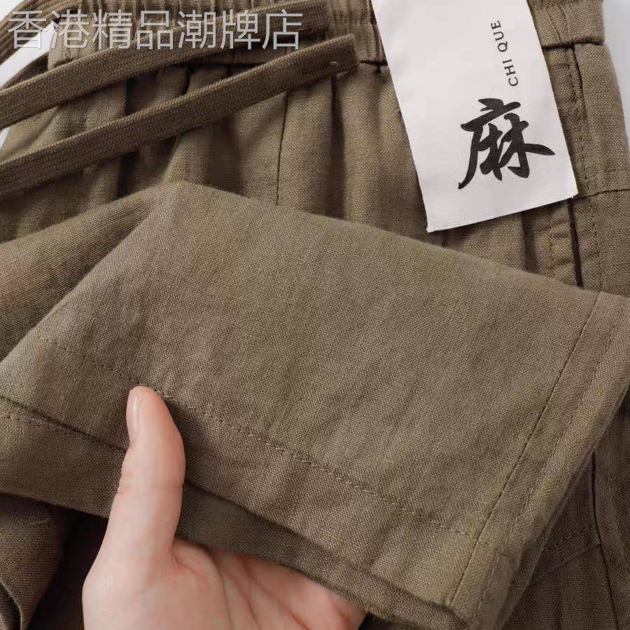 潮牌夏季新款高端亚麻短裤子男宽松百搭五分裤休闲直筒棉麻半截裤