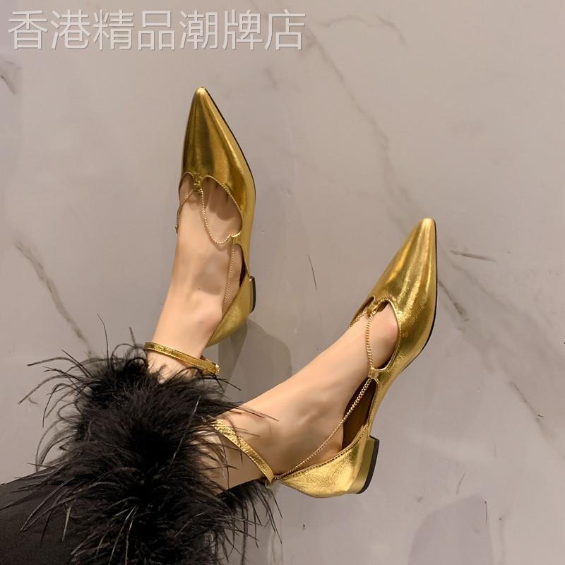 千金派对~设计感金色链条低跟玛丽珍鞋尖头浅口中空一字带凉鞋女