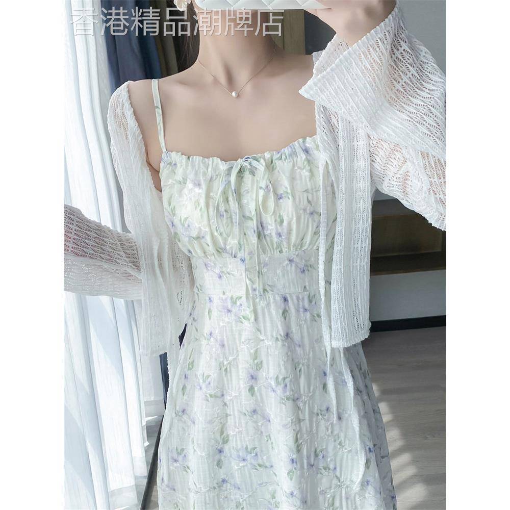 时尚品牌花卉吊带连衣裙的妇女夏季新风格法国小海滨度假开衫两件