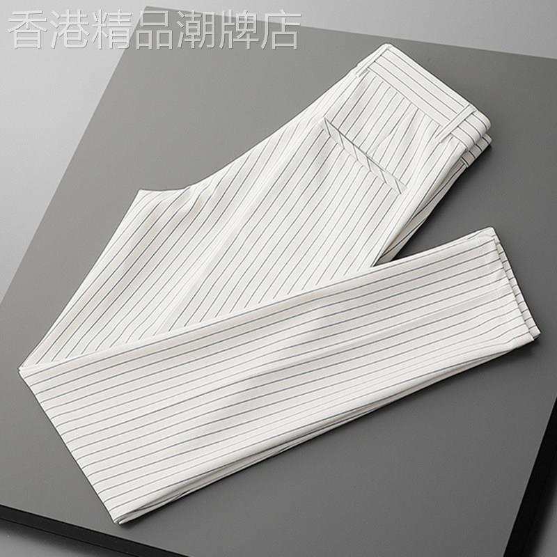 垂感修身西裤男小脚男士潮流条纹西装裤子男士百搭九分款白色帽子
