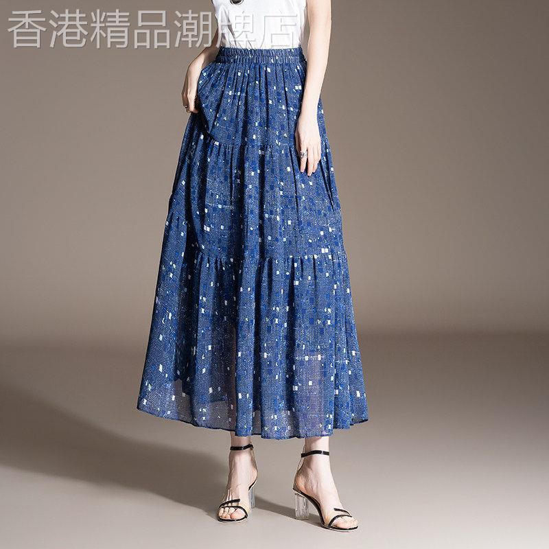 蓝色小众碎花蛋糕裙女夏季新款百搭中长版高腰显瘦a字大摆半身裙