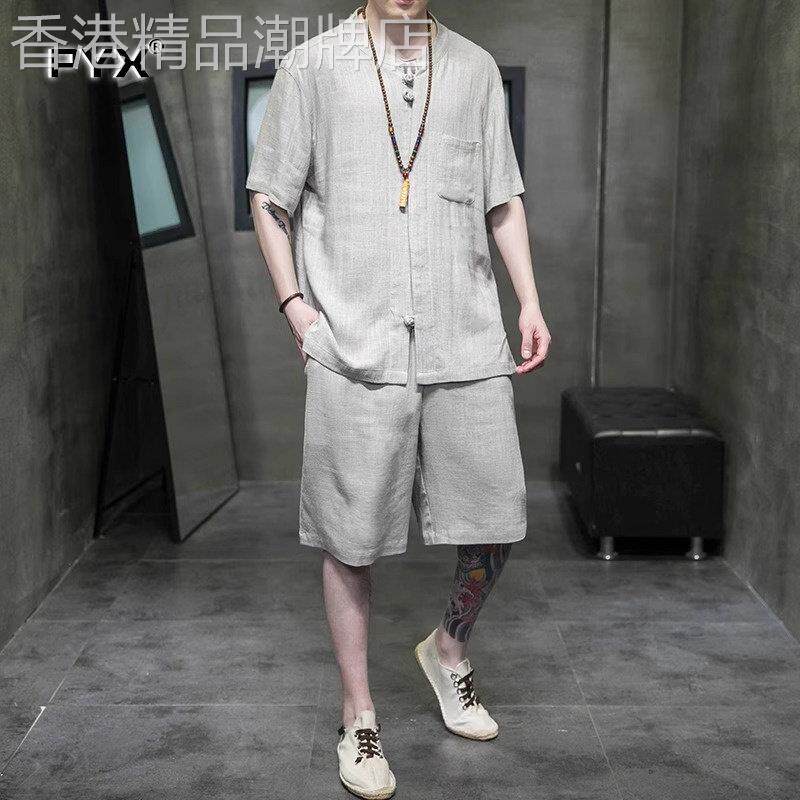 高端中国风亚麻短袖t恤套装男士夏季2026年新款棉麻短裤唐装一套