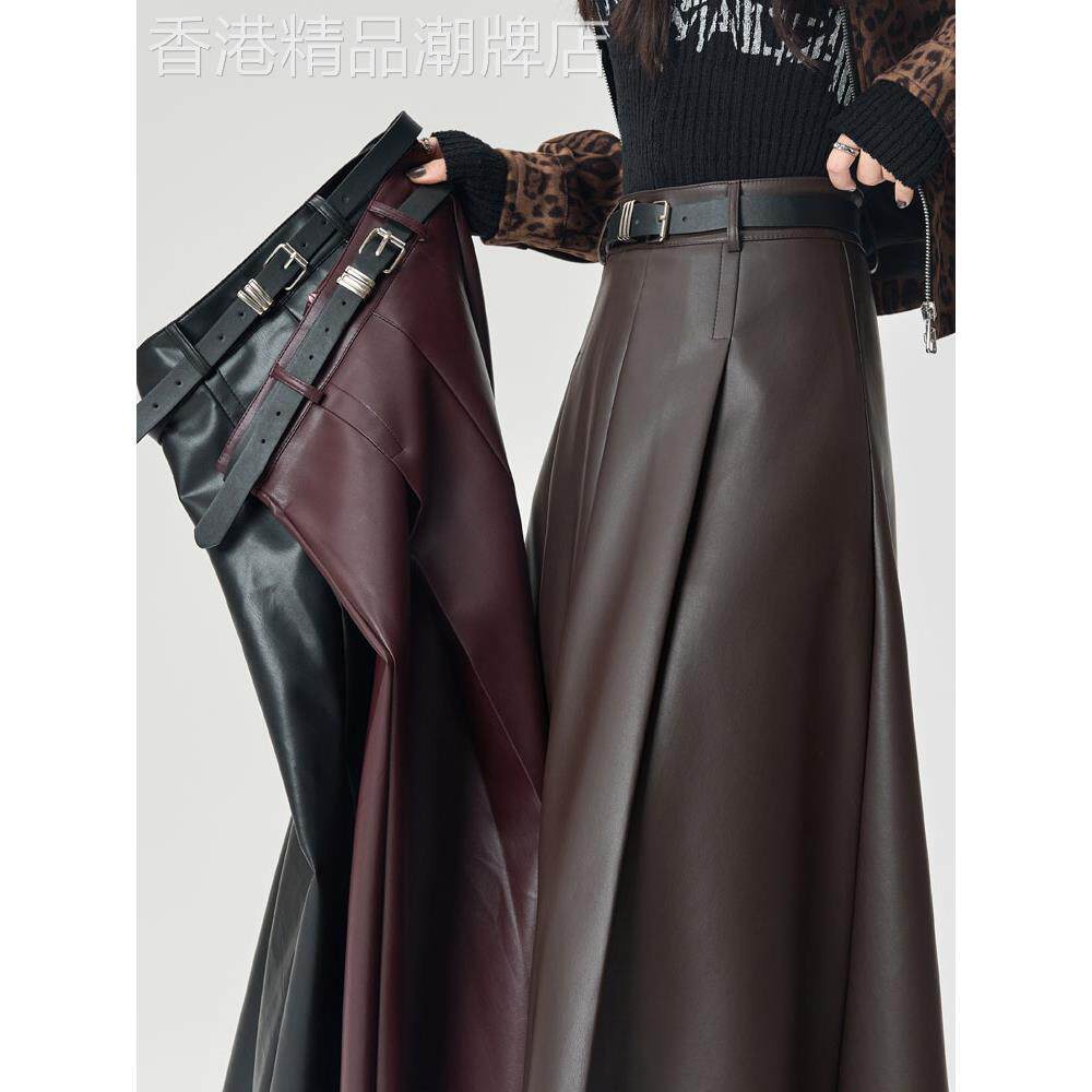 咖色皮裙半身裙女2025年秋季新款高腰显瘦遮胯a字中长款大摆伞裙