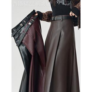 咖色皮裙半身裙女2025年秋季新款高腰显瘦遮胯a字中长款大摆伞裙