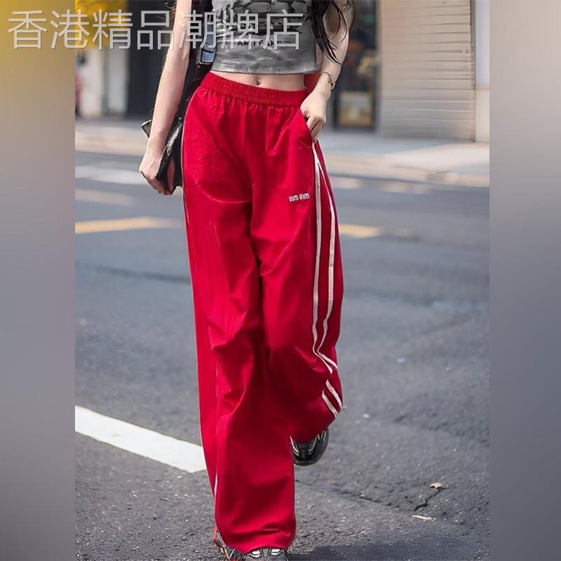 潮牌美式条纹拼接运动阔腿裤女夏季薄款高腰休闲厚棉裤速干工装裤