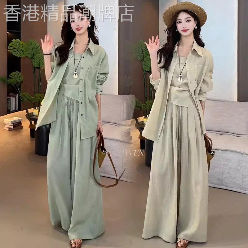 香港代购时尚休闲套装女夏季新款显瘦防晒衬衫吊带阔腿裤子三件套