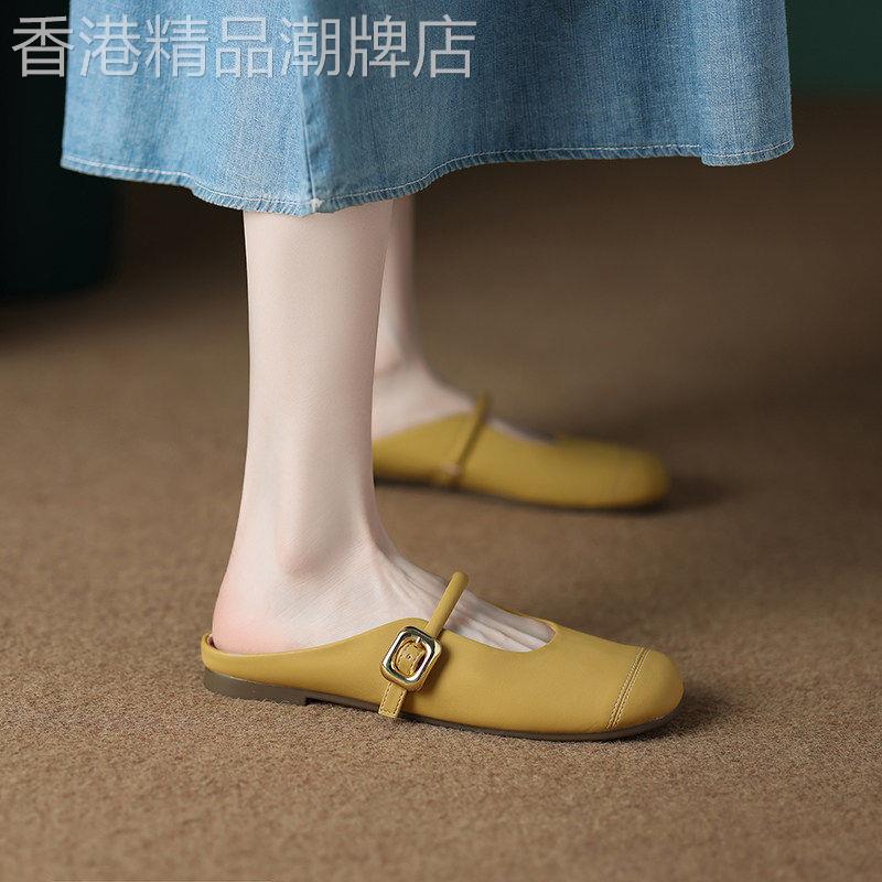 舒适软皮半拖鞋女外穿2026夏季新款一脚蹬平底懒人穆勒包头凉拖鞋