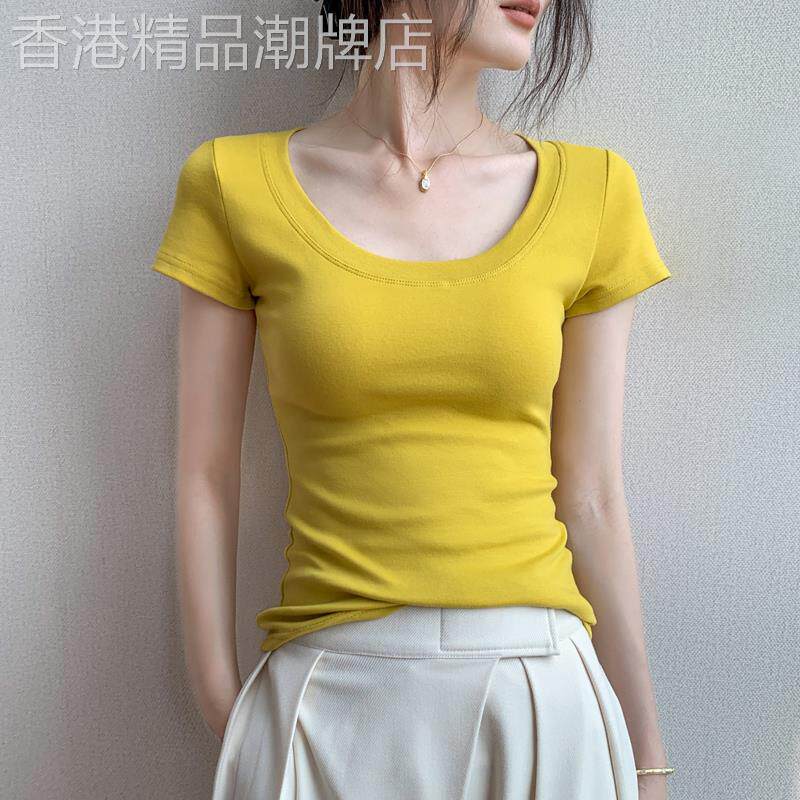 韩国露锁骨低领短袖T恤女2024年夏季新款修身显瘦黄色半袖上衣女